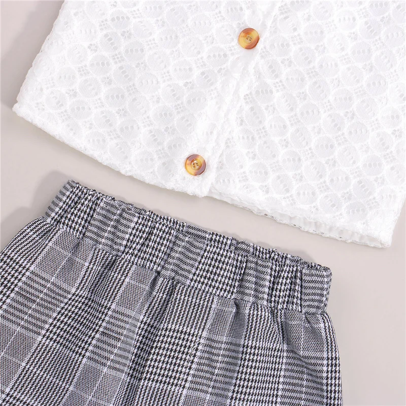 

Girls Square Collar White Vest+Elastic Waist Plaid Printed Pattern Shorts Clothes 2Pcs Four Seasons Fashion Outfits Trendy Sets
