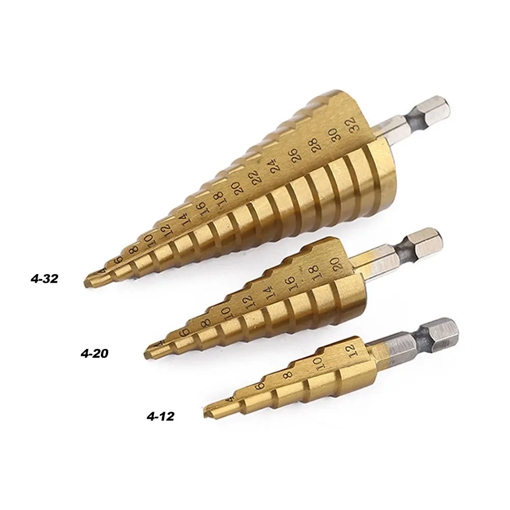 

3Pcs Step Drill Bit Set 4-12mm 4-20mm 4-32mm Hss Straight Groove Hexagonal Shank Step Perforator Hole Cutter Drill Piercing Tool