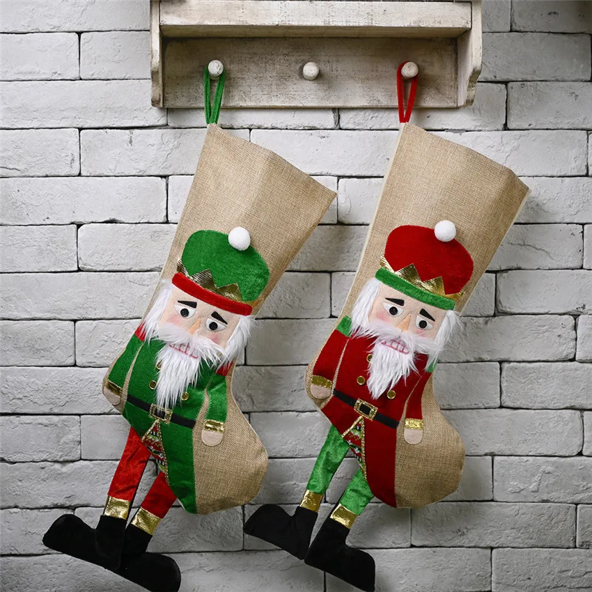 Большой Рождественский чулок льняной Щелкунчик фигурки солдат Подарочная сумка