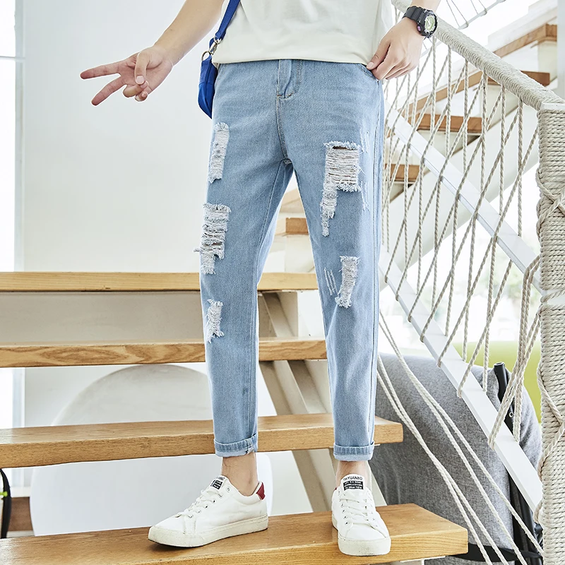 

Jeans Men's Loose Korean Style Trendy Loose Spring Fashion Brand Light Blue Broken Hole Cropped Tapered Casual Pants Summer