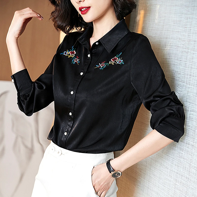 Блузка женская с цветочной вышивкой весна-осень 2022 | Женская одежда