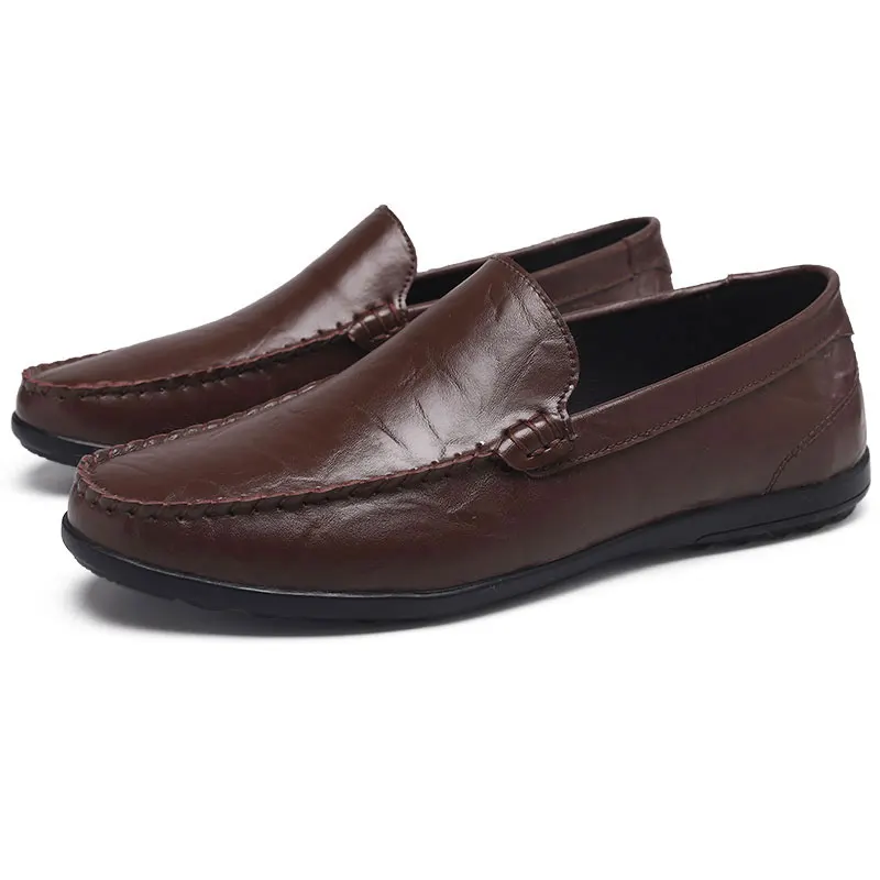 Туфли мужские кожаные без застежки дышащие лоферы плоская подошва Мокасины