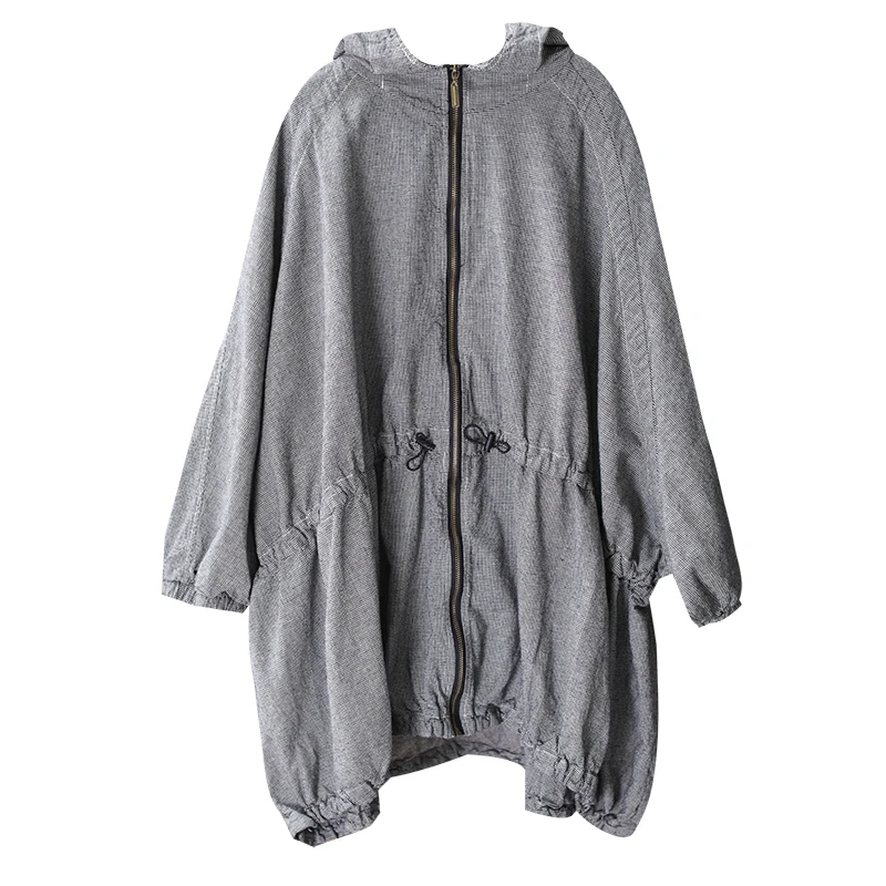 [EWQ] Autumn New Pattern Office Lady Style A-line Loose Full Sleeve Solid Color Zipper Hooded Collar Windbreak Coat AF890