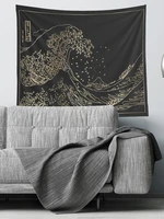 black and white golden waves japan kanagawa retro tapestry surfing living room bedroom room sofa background wall decoration clot