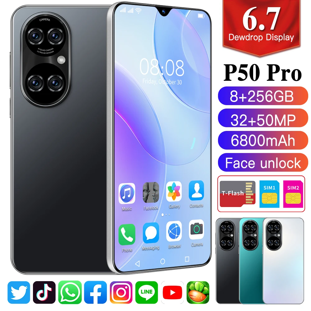 

2021 New Global Version P50 Pro 6.7 Inch Smartphone Deca Core 6800mAh 16+512GB Dual SIM Full Screen 4G 5G Android Mobile Phone