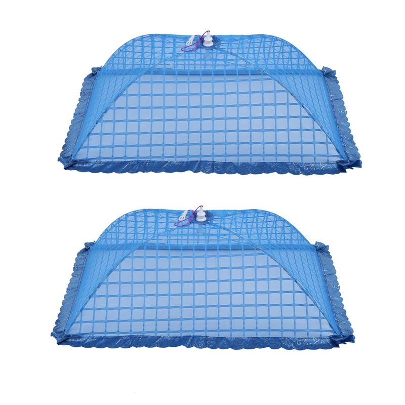 

2X Square Mesh Screen Umbrella Food Cover Net Tents Reusable and Folding 72X51cm(Blue)