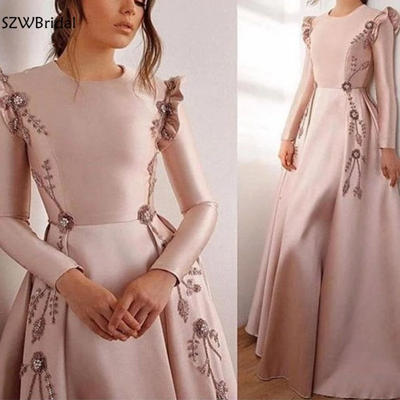 

New Arrival Pink Long sleeve evening dresses 2021 Abiye gece elbisesi Formal dress Party robe de soiree beaded Evening gowns