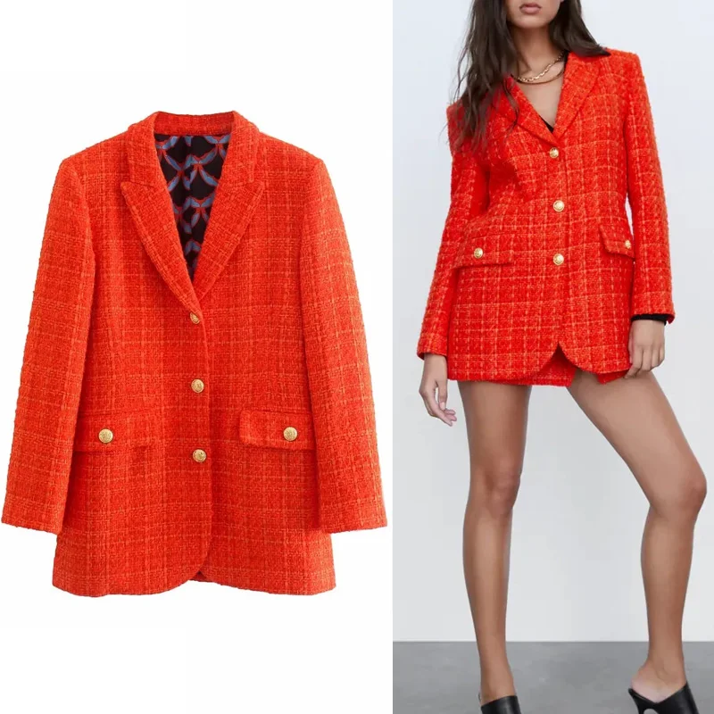 

Traf Za Tweed Female Blazer With Buttons Casual Elegant Women's Blazer 2021 Custom Designed Coats Vintage Chic Woman Jacket
