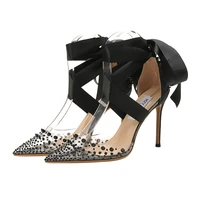 women clear pvc pumps sexy black spike studded thin heels ribbon ankle wrapped stiletto pointed toe dress party zapatos de mujer