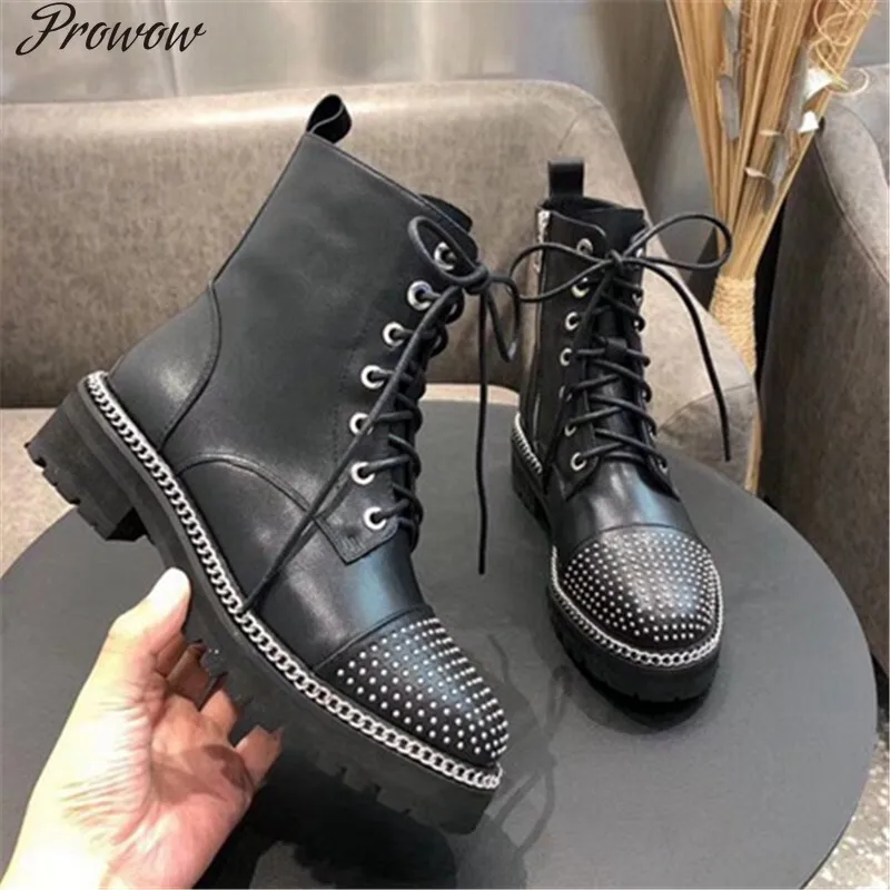 

Prowow Women Boots Lace Up Rivet Decor Genuine Leather Chain Decoration Female Boot Shoes Autumn Winter