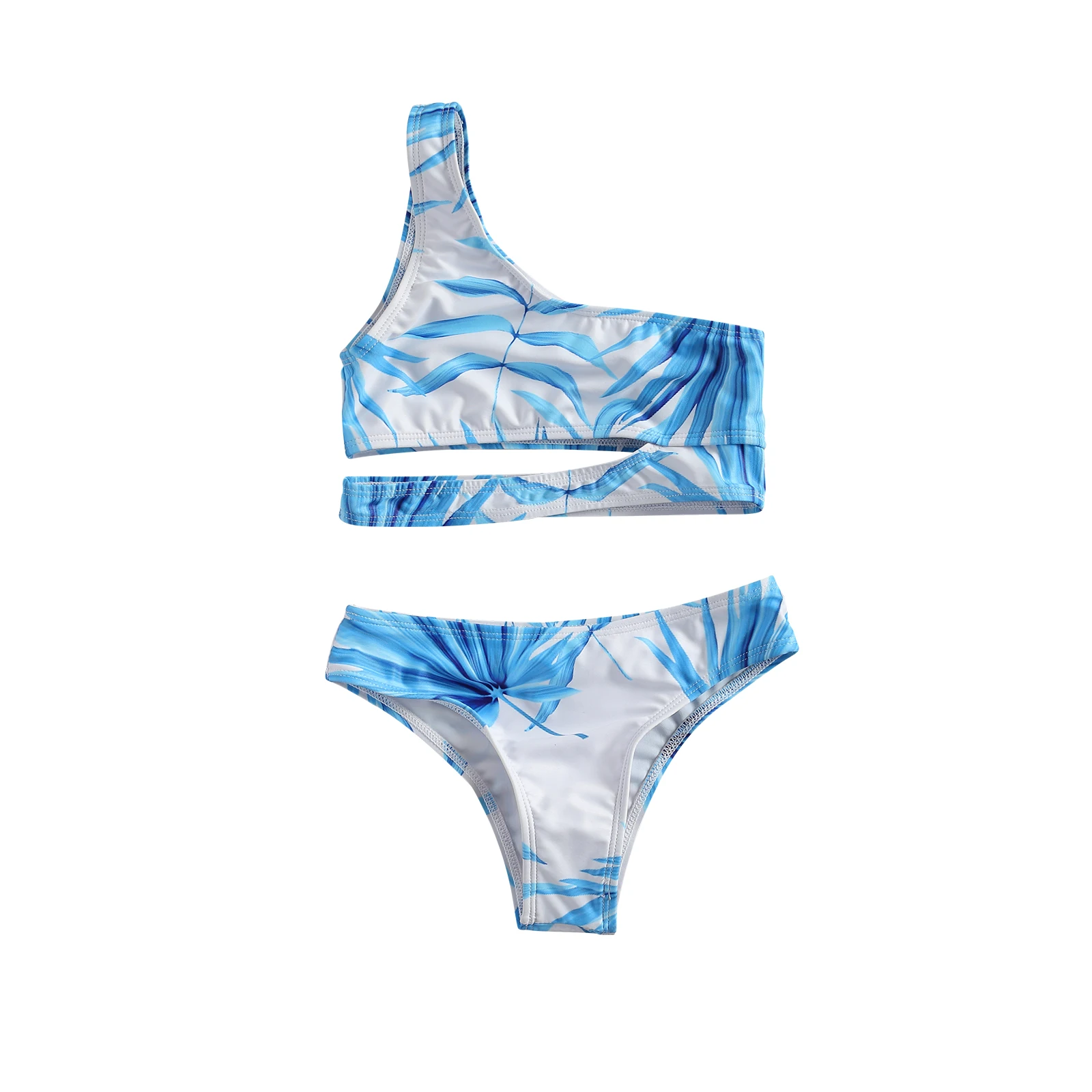 

Girls Two-piece Cut Waist Swimming Clothes Set, Blue Sleeveless One-shouldered Crop Top + Shorts, 6-13 Years