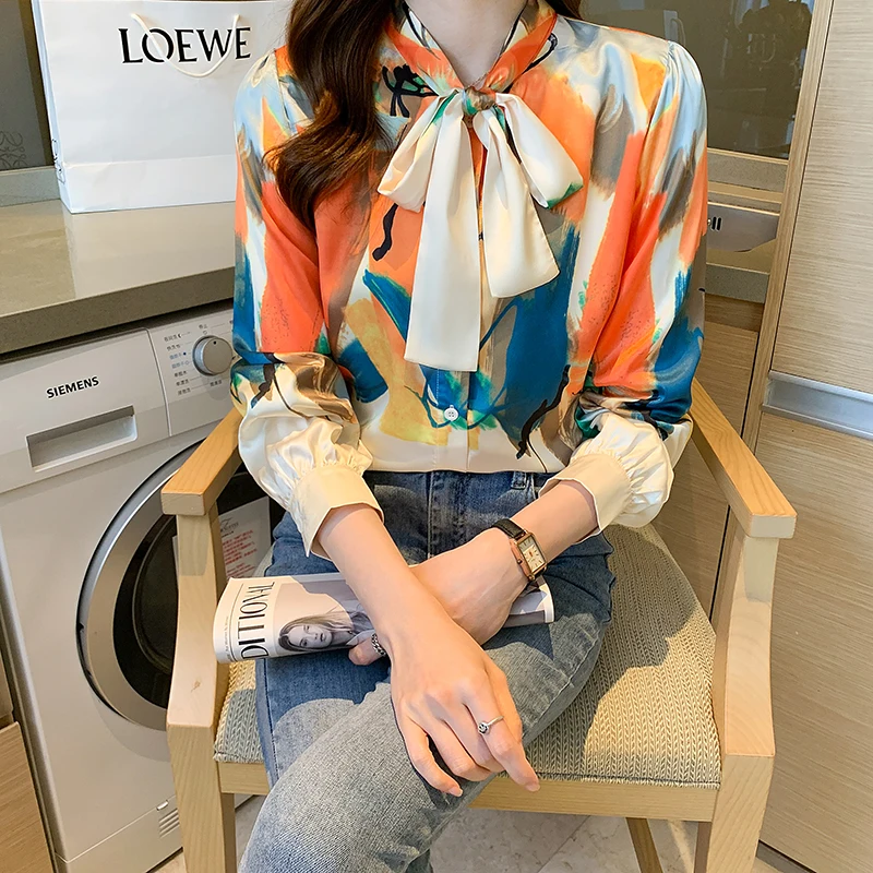 

Summer New Women's Blouses V-neck Shirt Long Sleeve Top Lady Loose Printed Bow Chiffon Casual Fashion