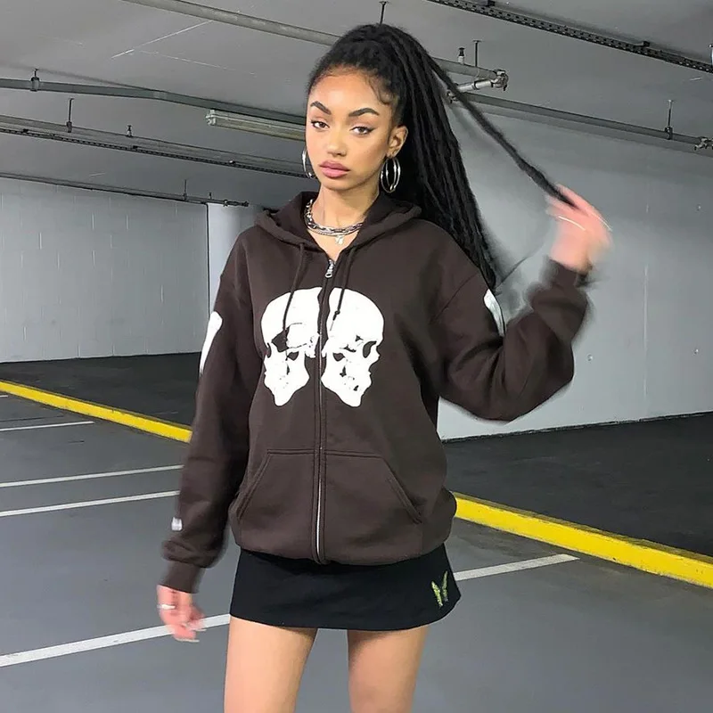 

Женская винтажная толстовка на молнии, с длинным рукавом и принтом черепа