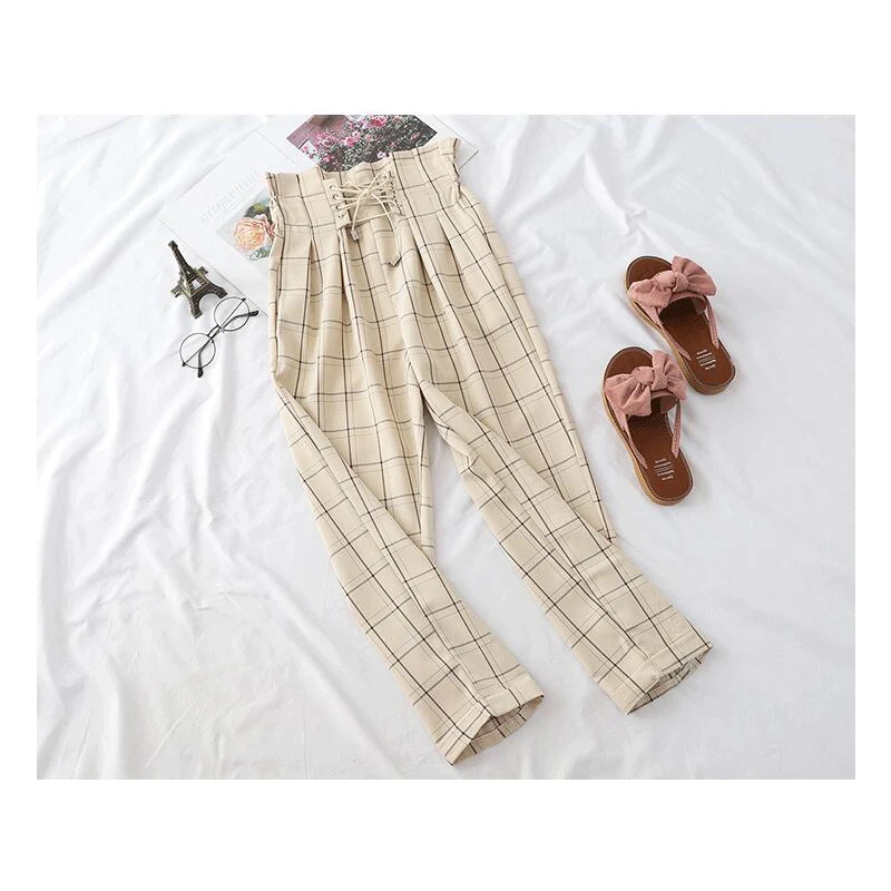 Модные Винтажные клетчатые свободные брюки до щиколотки со шнуровкой и высокой