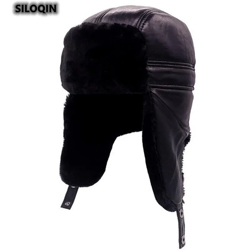 

SILOQIN Men Winter Thicken Thermal Sheepskin Bomber Hats Fashion Velvet Earmuffs Warm Brands Genuine Leather Hat Dad's Cap New