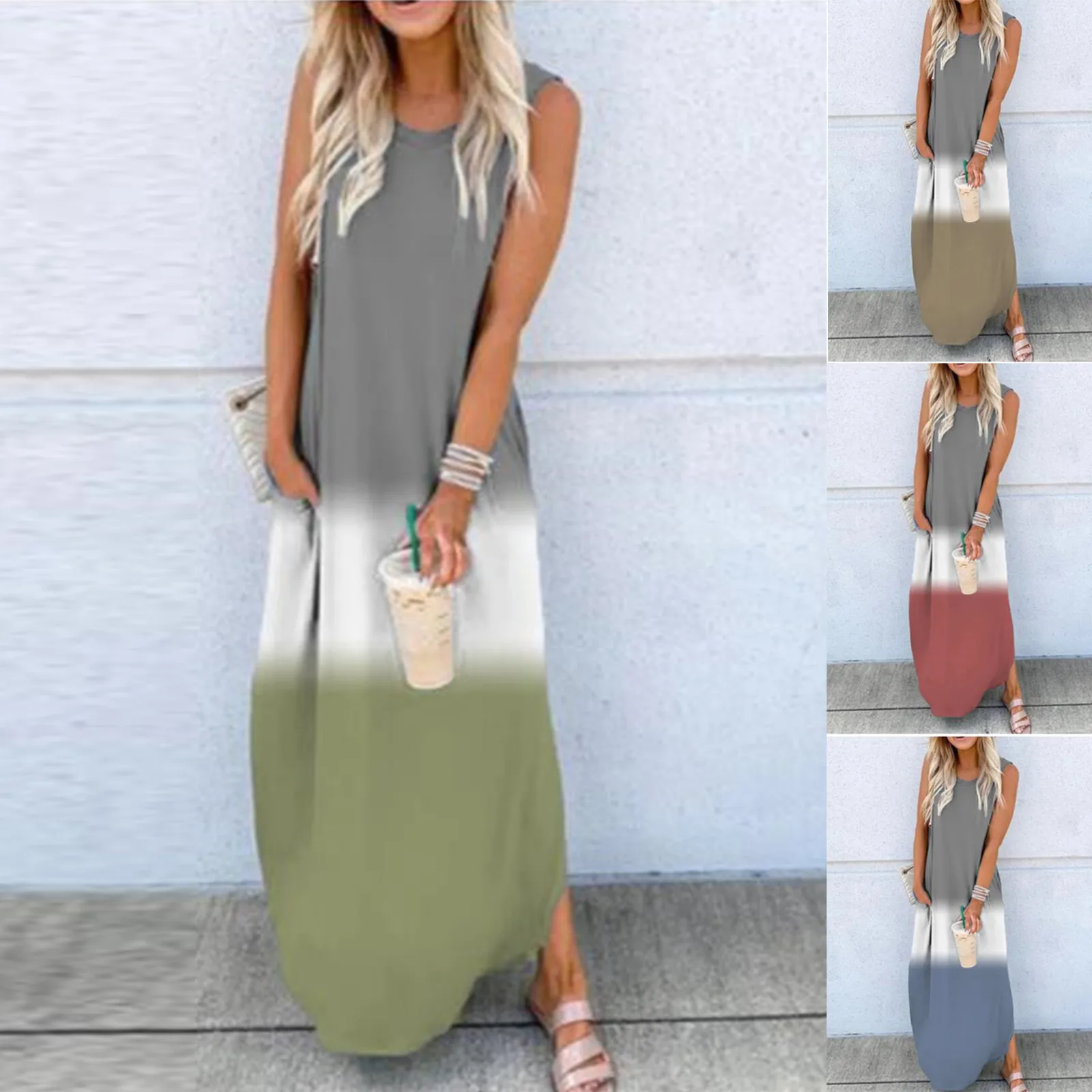 

Summer Dress Women Dresses Vestido De Mujer O-Neck Tie-Dye Gradient Sleeveless Casual Slit Long Dress Robe Femme плае Robes