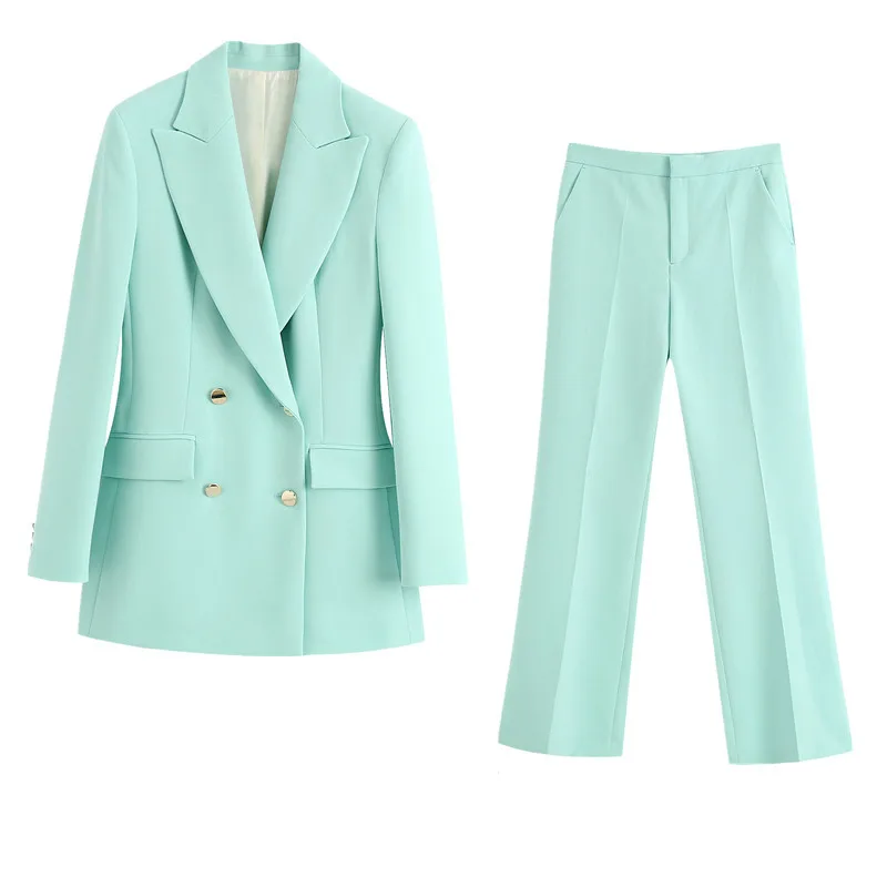 

women 2 piece set new fashion temperament commuter double-breasted blazer + high waist suit flared trousers 2 piece set women