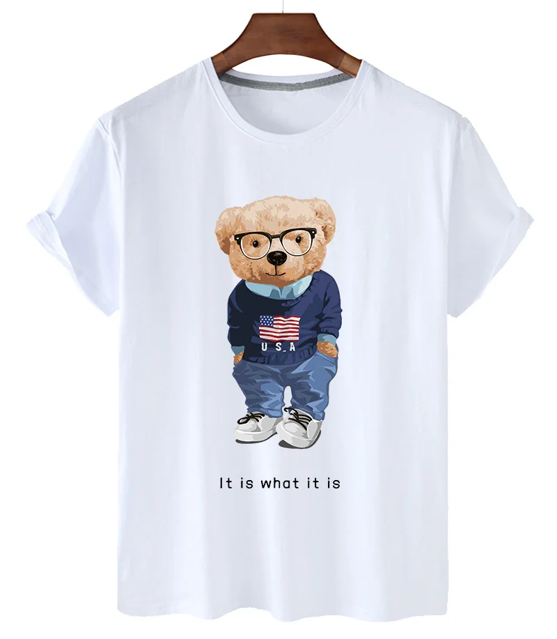 

College Wind Cartoon Bear Print Tshirt Women Summer Short Sleeved Casual T-shirt Unisex Tops Tees Cute Cartoon T Shirt Female