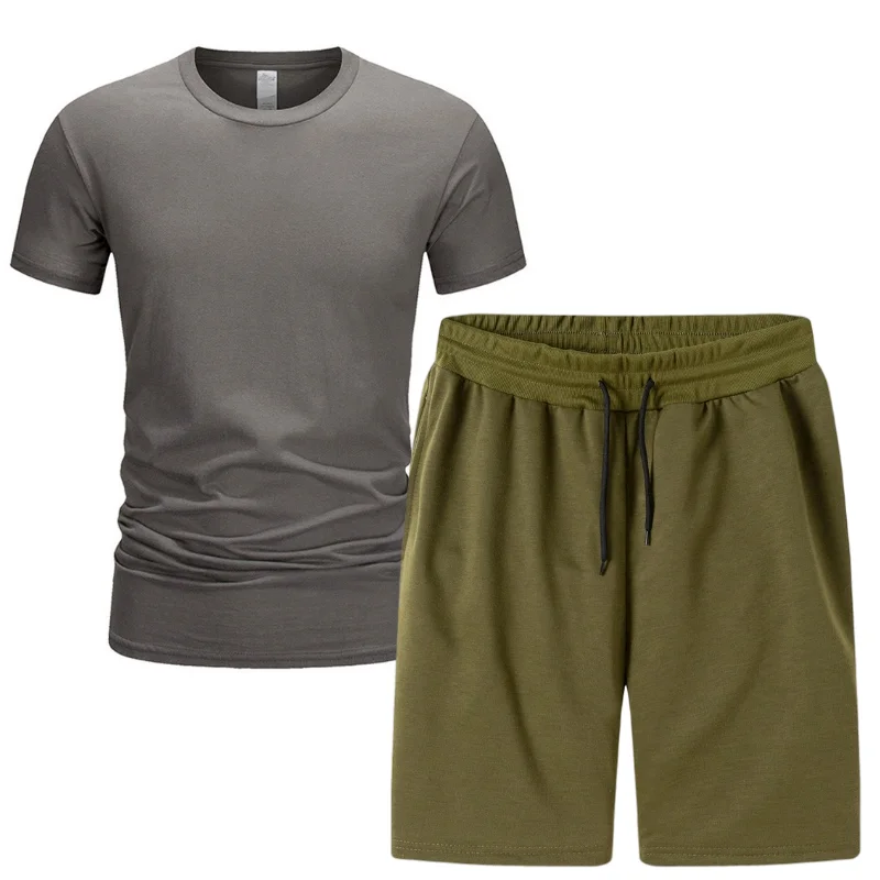 

2021 Summer Pure Color Flower New Products Men's Summer Cotton Sports T-shirt + Sports Shorts Set Running Sportswear