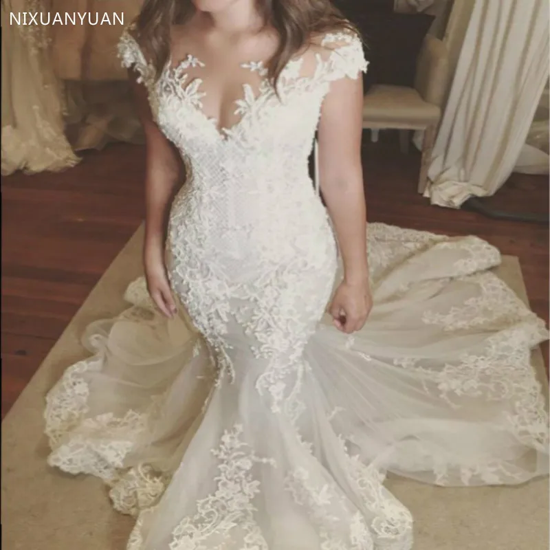 Скромные мусульманские свадебные платья-русалки цвета слоновой кости в стиле