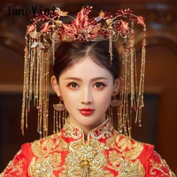 janevini traditional red bridal big hair crowns long tassels chinese bride sparkly headdress beaded wedding jewelry accessories