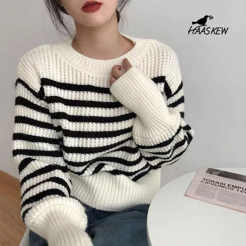 

Women Sweater Casual Loose Striped Sweaters Pullovers 2021 Autumn Winter New Thick Full Sleeve Warm Ladies Knitted Tops Jumpers