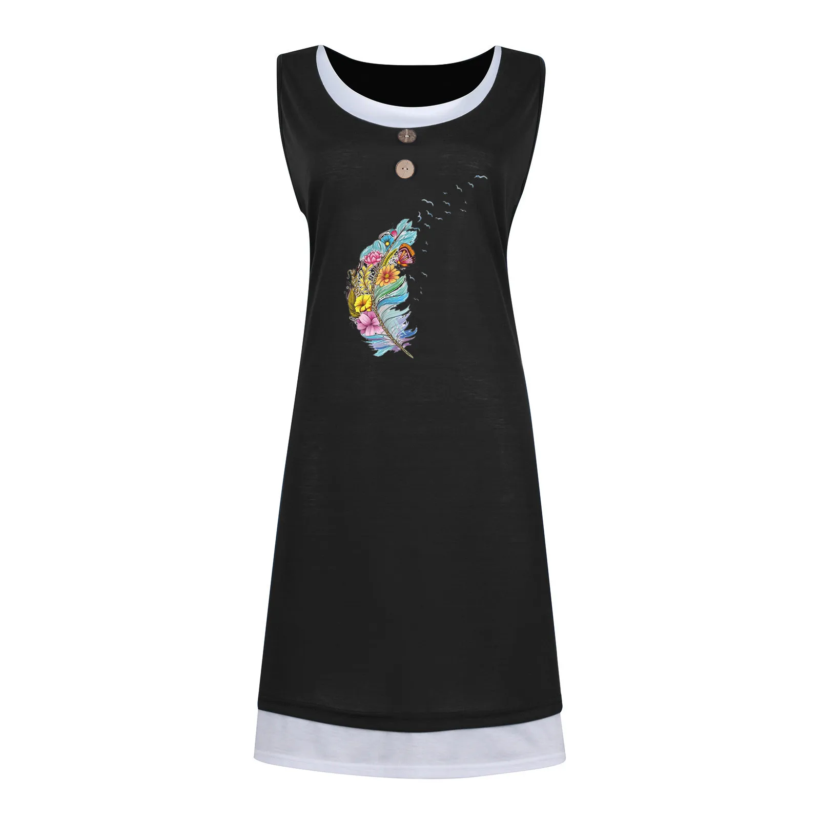 

2021 Summer Trending Beach Dress Women's Loose Fashion Fake Two-Piece Robes Wear Female Printing Sleeveless Casual Vestidos