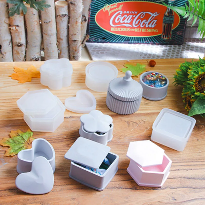 

Storage Box Silicone Mold Plum blossom Round Heart-shaped Hexagonal Box Design Diy Aroma Plaster Epoxy Concrete Mold