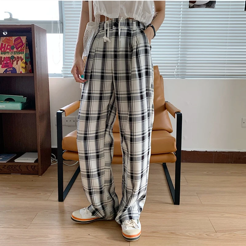 

Брюки женские клетчатые с завышенной талией, узкие Свободные повседневные Прямые Штаны в стиле ретро, с широкими штанинами, лето 2021