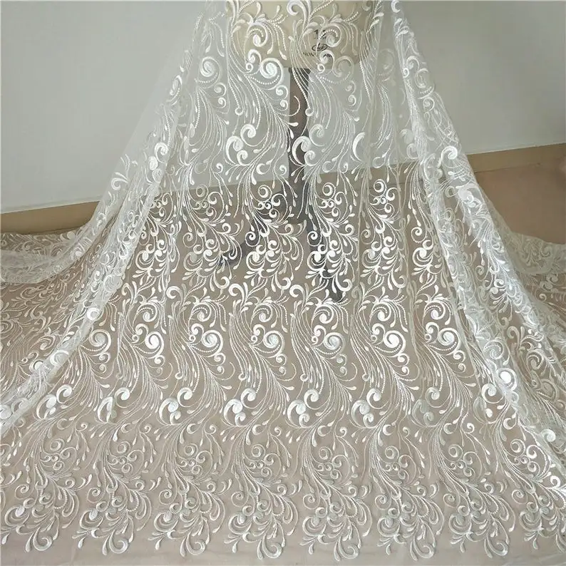 

Exquisite Floral Embroidered Dress Lace Fabric in Off White Tulle Stylish Costume Ballgown Prom Skirt Sewing lace By Yard