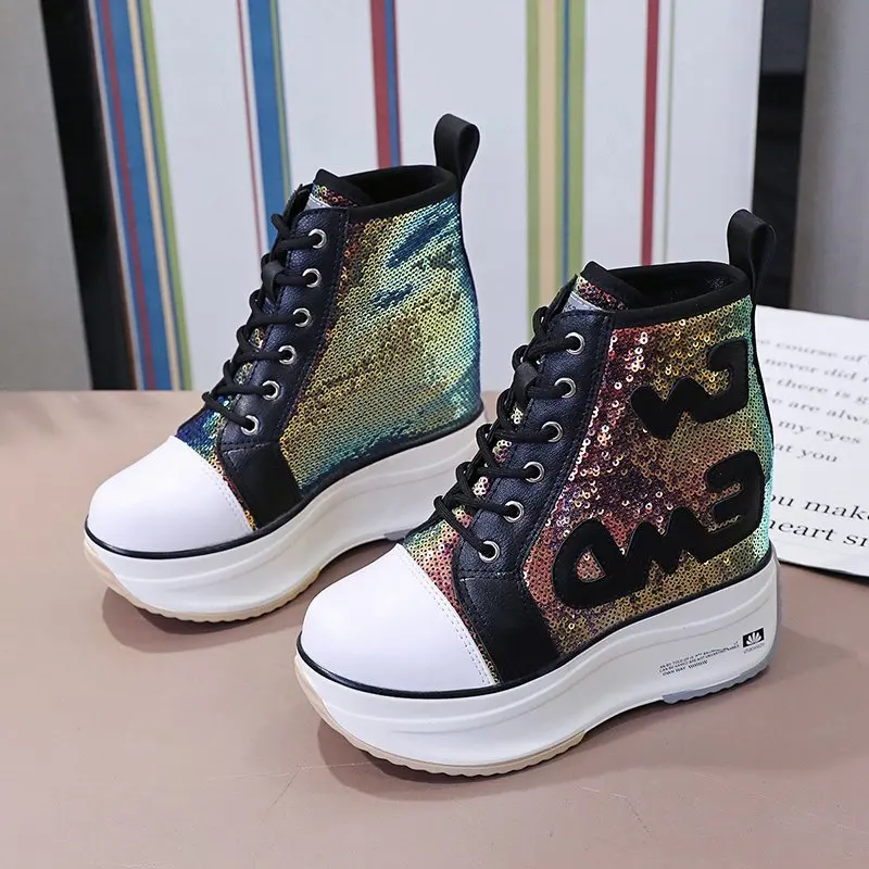 

Bling Sneakers Women 2020 High top Platform Sneakers women Casual Wedges Womens Shoes White Platform Vulcanize Shoes Women 8CM