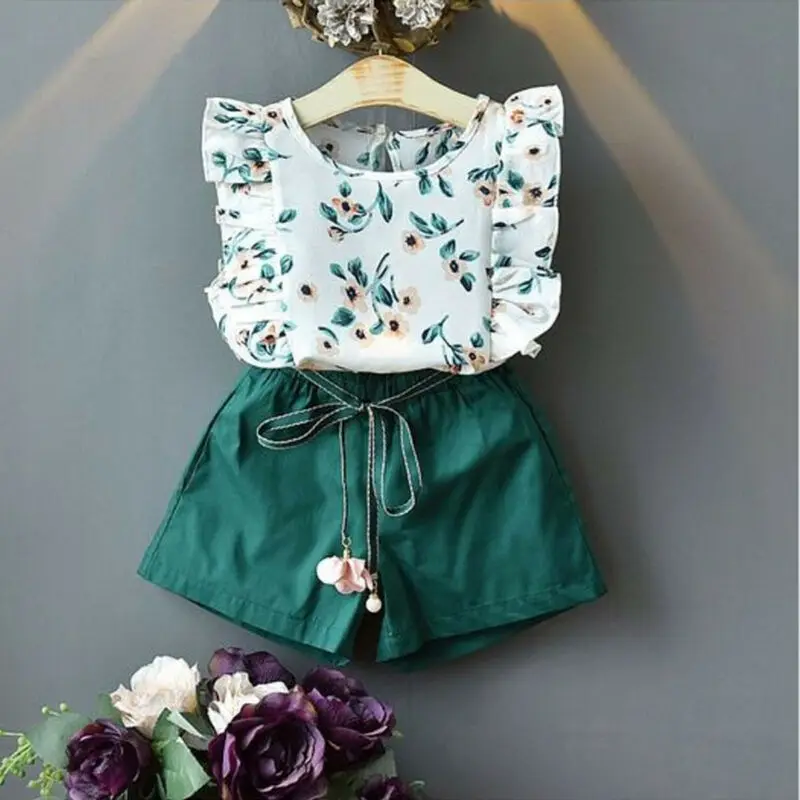 

Toddler Baby Girls Kids Summer Clothes O-neck Flower Sleeveless Green Tops + High Waist Shorts Outfit Sets 2PCS 18M-5T