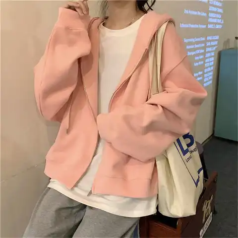 Cute Pink Jacket Loose Autumn Zipper Tops Rock Coat Women Casual Oversize Tracksuit Hoody Female Funny Harajuku Basic Hoodies