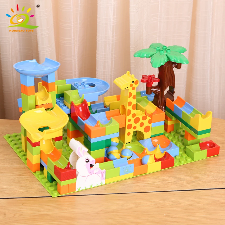 

HUIQIBAO TOYS 182pcs Animal Zoo Rabbit Large Size Bricks set Marble Race Run Maze Ball Building Blocks Toy For Children gift
