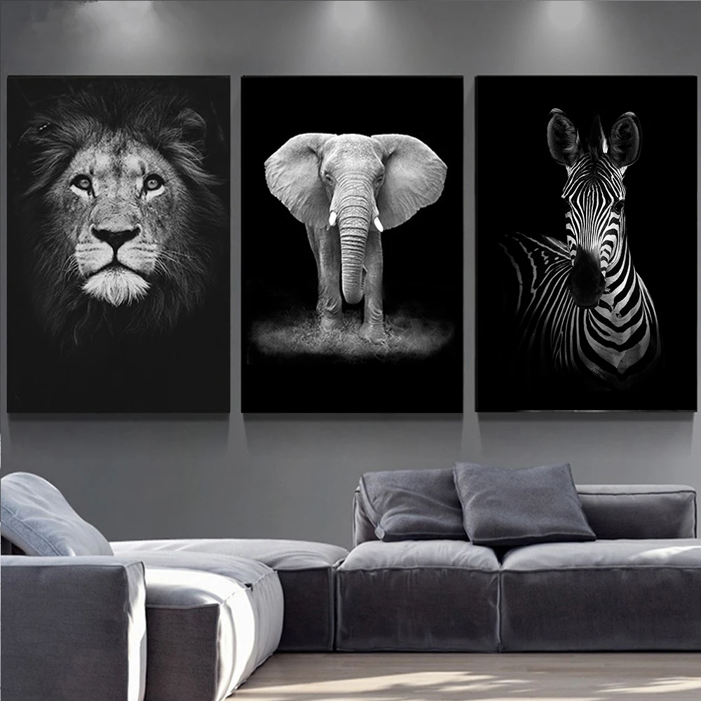 Современный черно-белый Декор холст настенное искусство животные картины принты