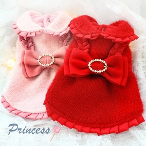 Handmade Winter Dog Clothes Coat Dress Pet Supplies Jacket Classic Woolen Parkas Cute Doll Style Diamond Bow Accessories Xmas