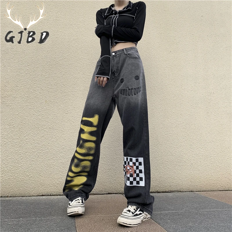 

High Waist Women Jeans Vintage Streetwear Printing Straight Baggy Trouser Fashion Black Grey Casual Autumn Wide Leg Denim Pants