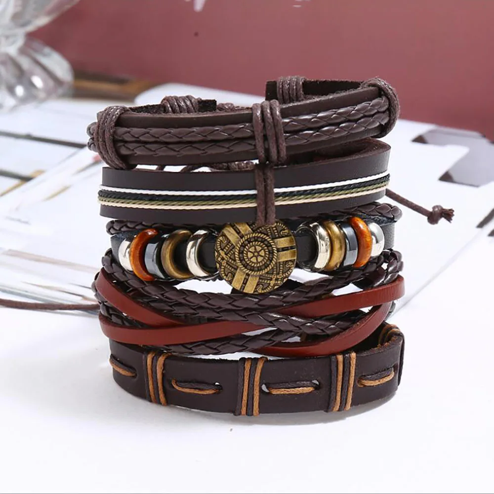 Винтажный кожаный браслет ручной работы Женский Регулируемый из бисера мужской