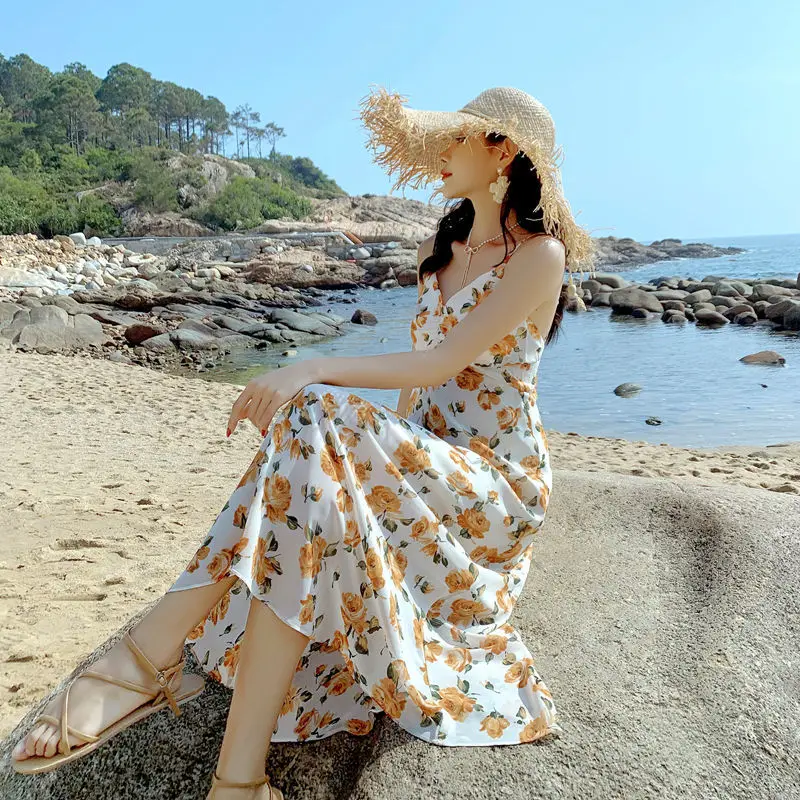 

Fairy spring and summer art retro flower dress female waist show thin French first love over the knee sling belt in the long sty