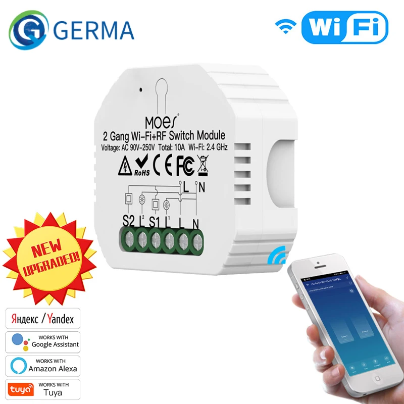 

GERMA 2 Gang DIY Smart WiFi RF433 Switch Module Smart Life/Tuya APP RF Remote Control,Works with Alexa Google Home 1/2 Way