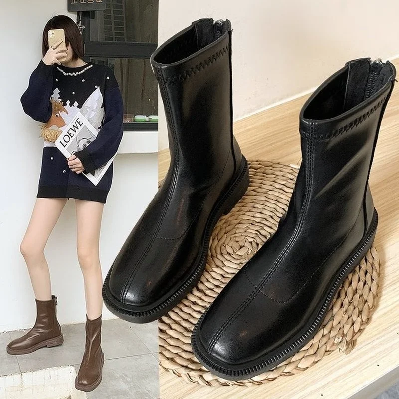 2021 Fall New Boots for Women Fashion Medium Tube Leather Stitching Ladies Boots Korean Fashion Solid Women Boots Shoes Woman