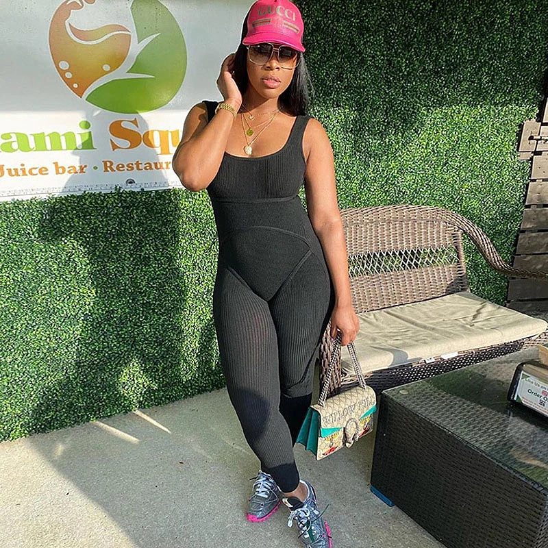 Женский трикотажный Облегающий комбинезон в рубчик без рукавов с открытой