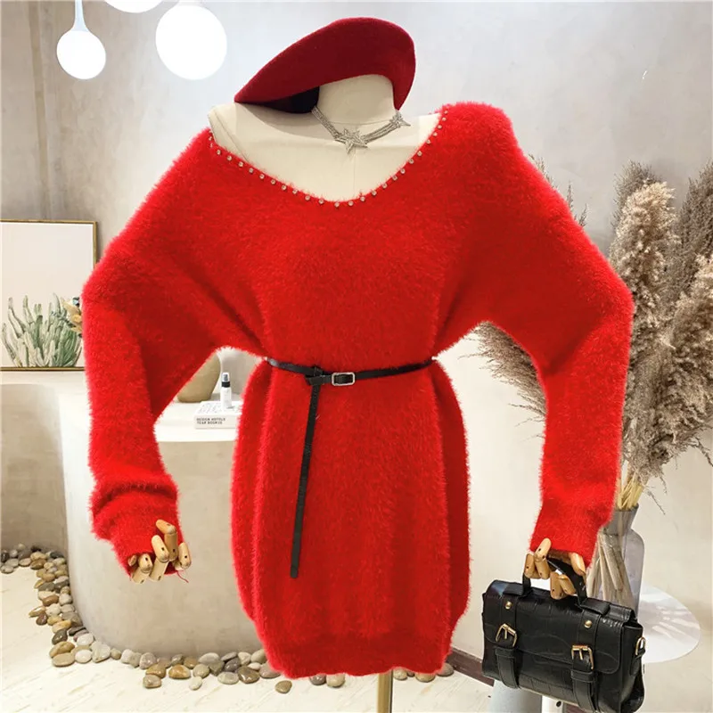 

New Women's Clothing 2021 Autumn Winter V-neck Mink velvet pullover Tops Medium and long Knitted Sweater Jumper Soft Warm Pull