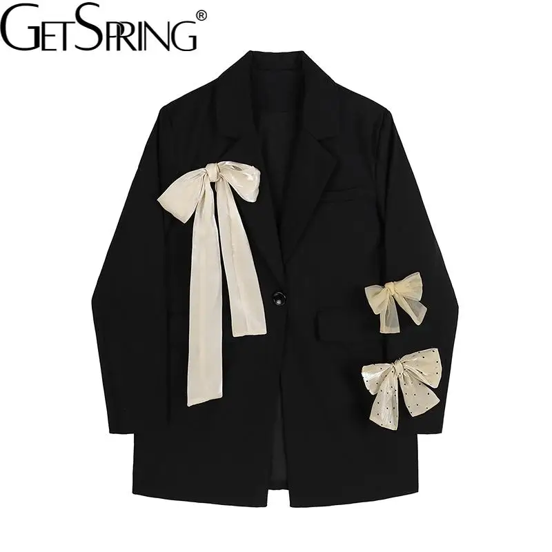 

Getspring Women Blazer Bow Patchwork Black Blazers And Jackets All Match Color Matching Casual Retro Suit Coats 2021 Fashion