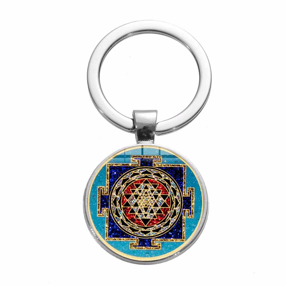 2019 New Design Sri Yantra Charm Keychain Sacred Geometry Chakra Spiritual Art Patterns Glass Dome Key Chain for Buddhist | Украшения и