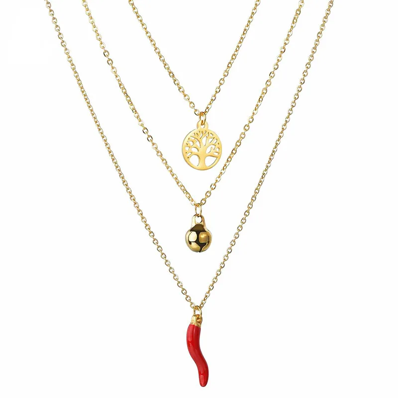 Bohemian Tree of Life Multi-layer Choker Necklaces Stainless Steel Chili Pendant Necklace Trendy Hot Pepper Bell Chain Jewelry | Украшения