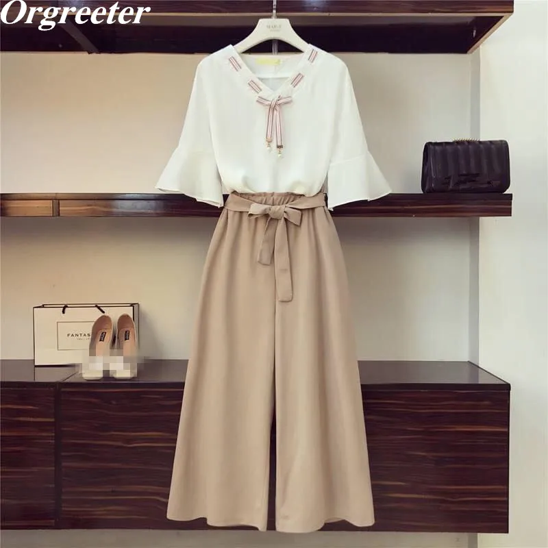 Размера плюс штаны костюм 2021 новинка Стильная летняя женская футболка с бантом