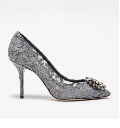 6 Gray 9cm heel Пикантные кружевные свадебные туфли женские туфли-лодочки с вырезами, с острым носком, украшенные кристаллами вечерние туфли на высоком каблуке, без шнуровки, из сетчатого материала Каблук 6,5 см, 9 см - Цвет: 6 Gray 9cm heel