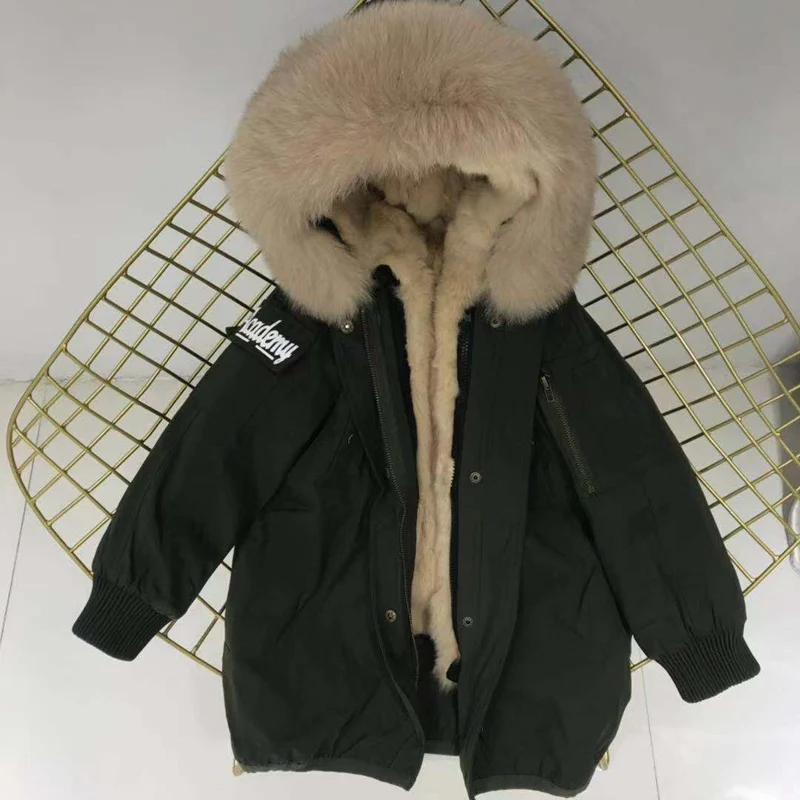 green khaki fur Настоящий мех кролика, парки, пальто с капюшоном из лисьего меха, Детская куртка для мальчиков и девочек, ветровка, детская зимняя одежда - Цвет: green khaki fur