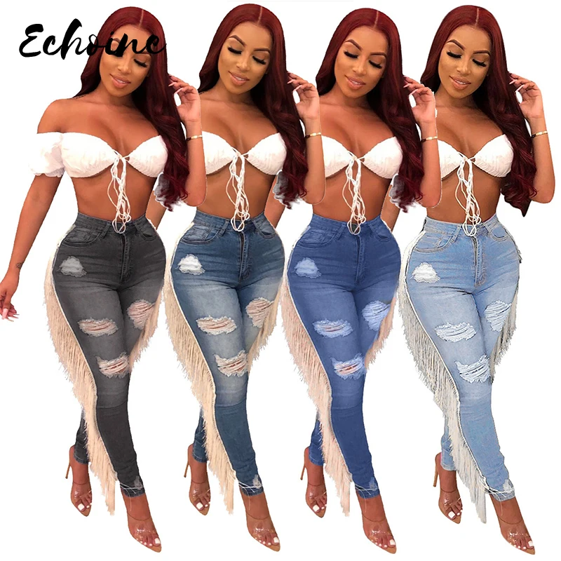 

2020 Women Summer Autumn Hole High Waist Casual Zipper Fly Pencil Skinny Jeans Tassel Side Splicing Denim Shorts Fashion Pants